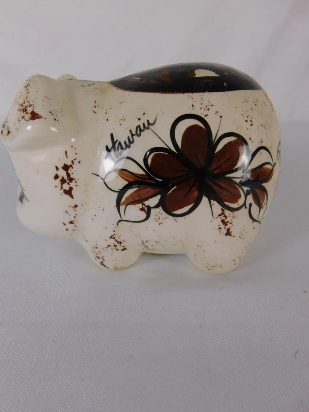 Vintage Hawaii Small Ceramic Piggy Coin Bank Brown Flower Kawaii Decor Figurine